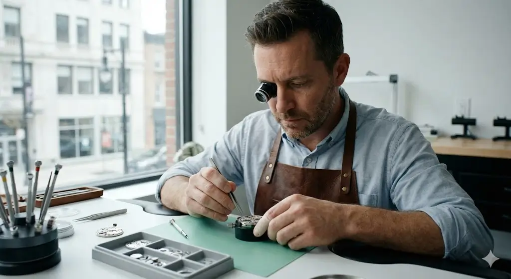 Chrono Merit founder in workshop, assembling automatic watch movement