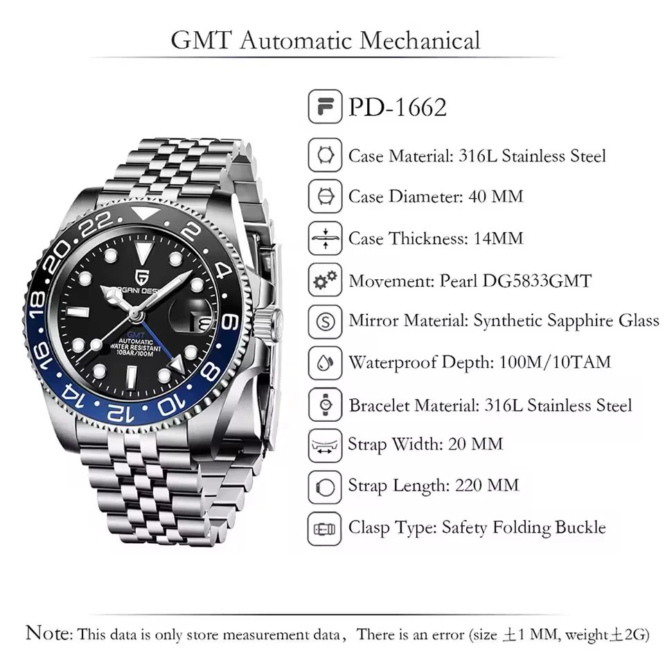 PAGANI DESIGN 40mm Automatic GMT Wristwatch Stainless Steel Waterproof Men Watch Top Brand Mechanical sports Watches Men PD-1662